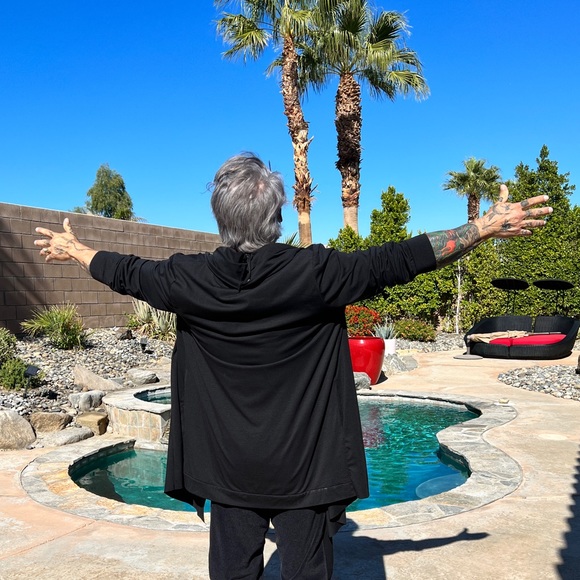 Black Shawl Collar Open Front Asymmetrical Cardigan Duster Pockets 44 M L NWT - Picture 6 of 10